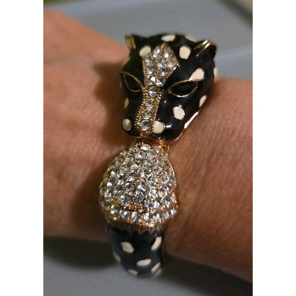 Panther Head Hinged‎ Cuff Bracelet Black White Polka Dot Enamel Rhinestone Gold
